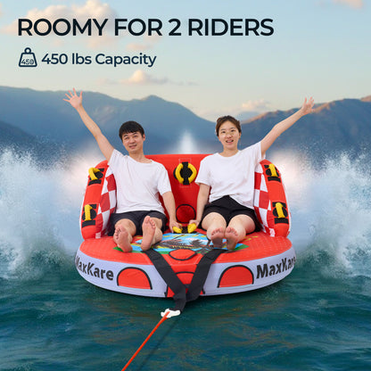 MaxKare 1- 2 Riders Inflatable Towable Tube for Outdoor, Watersports, Skiing Tube with Dual Tow Points & Safety Handles, Max 450lbs, Red