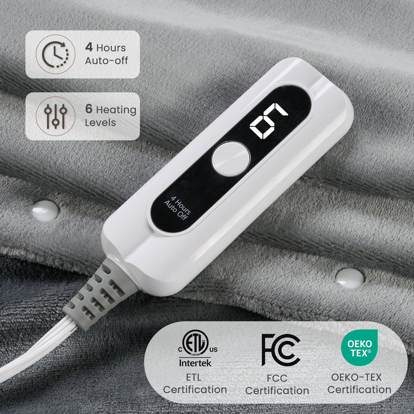 MaxKare Heated Throw Blanket, OEKO TEX Certified, Electric Blanket with 3 Button Adjust Fix, 6 Heat Levels, 4H Auto-off, Light & Dark Gray Flannel