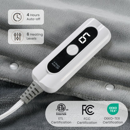 MaxKare Heated Throw Blanket, OEKO TEX Certified, Electric Blanket with 3 Button Adjust Fix, 6 Heat Levels, 4H Auto-off, Light & Dark Gray Flannel