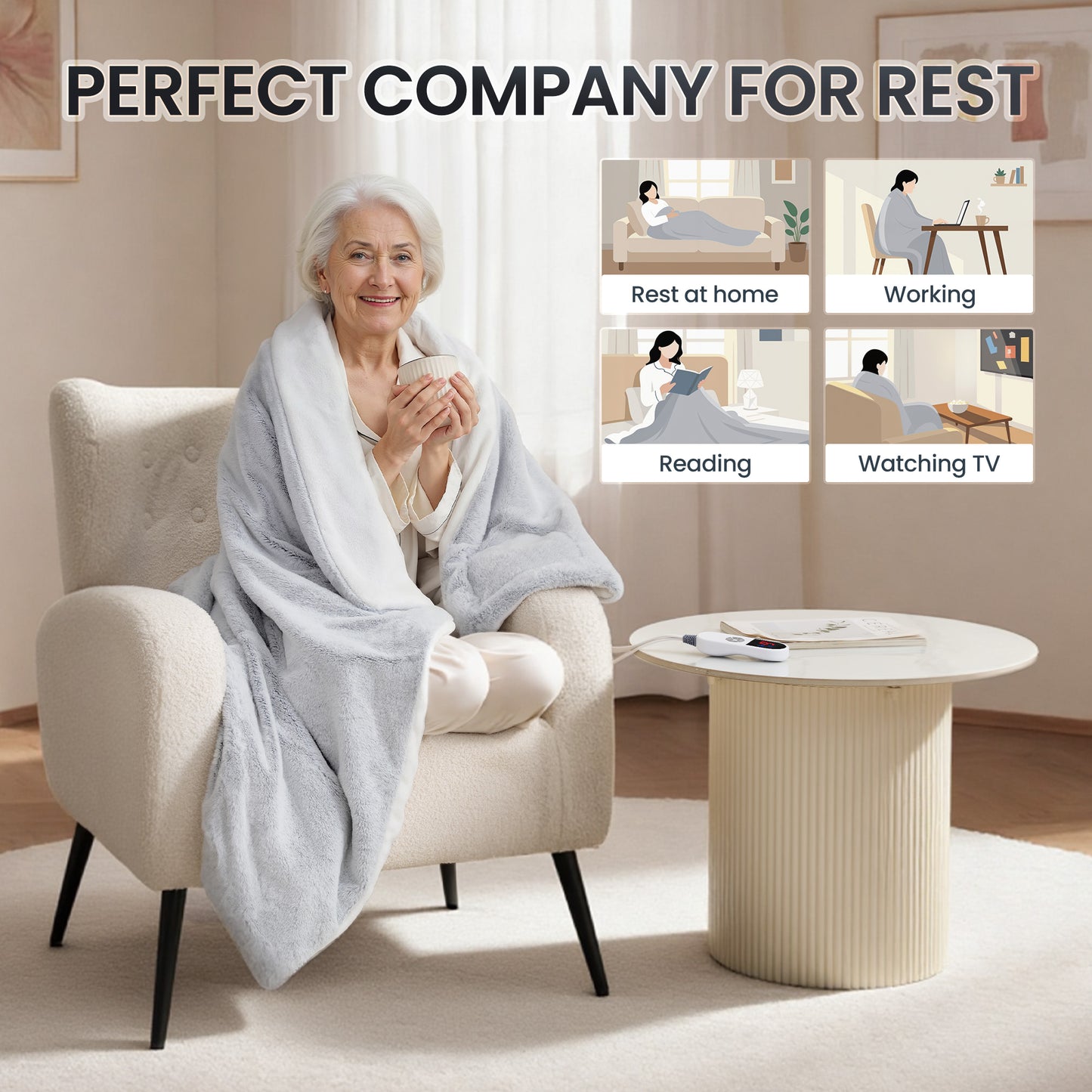 MaxKare Heated Blanket, Electric Throw Blanket with 6 Heating Levels & 4 Hours Timer, Soft Faux Fur & Flannel, 50" x 60" Gray & White