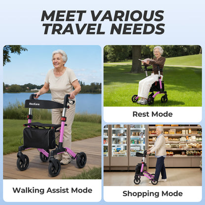 MaxKare Rollator Walker with Seat, Foldable 4 Wheel Rolling Medical Walker, Purple