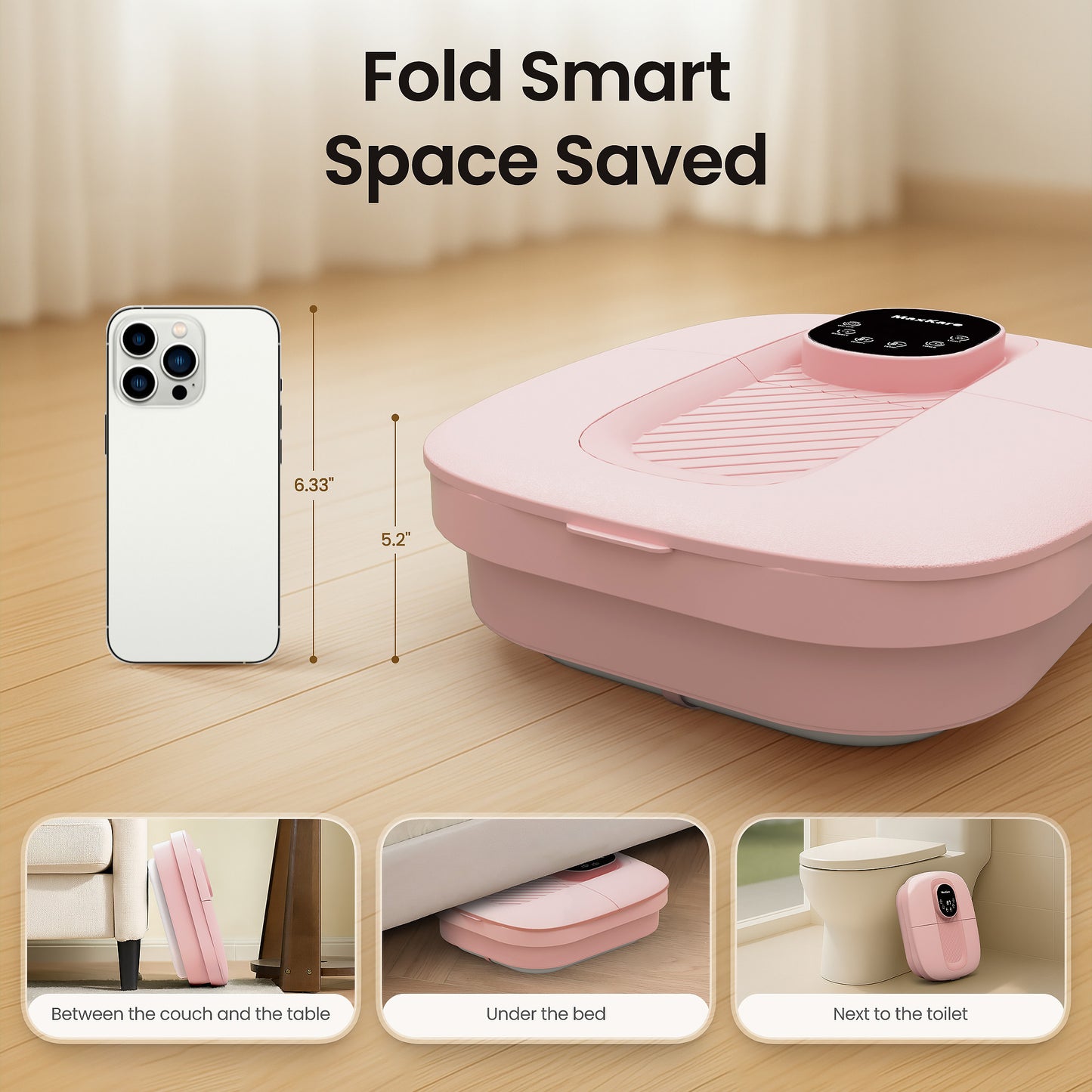 MaxKare Collapsible Foot Spa with Massager and Heat, Digital Display, Pink