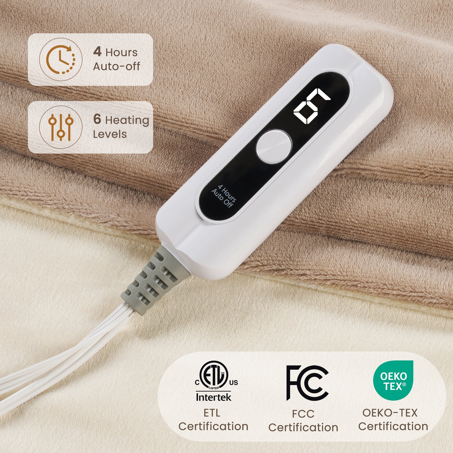 MaxKare Heated Throw Blanket 50" x72", 6 Heat Levels, 4H Auto-off, 3 Button Adjust Fix, Dual Soft Flannel, OEKO TEX Certified, Beige & Linen