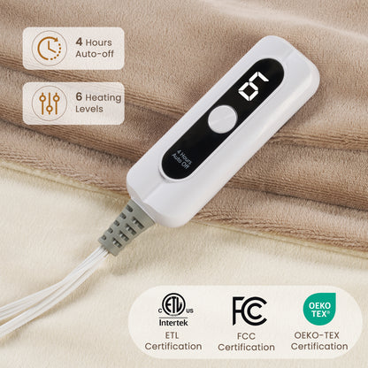 MaxKare Heated Throw Blanket 50" x72", 6 Heat Levels, 4H Auto-off, 3 Button Adjust Fix, Dual Soft Flannel, OEKO TEX Certified, Beige & Linen