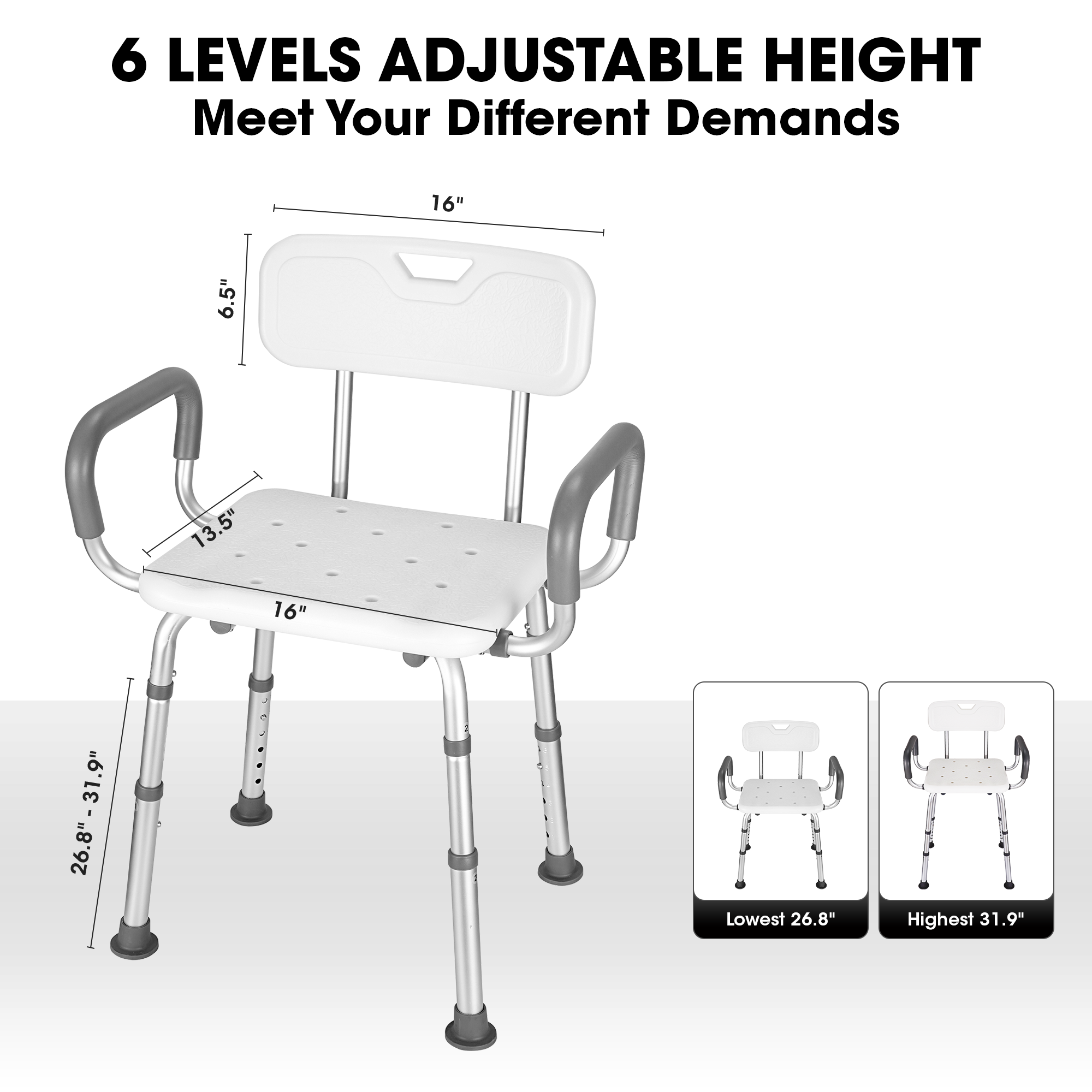 Load image into Gallery viewer, Shower Chair with Back and Padded Armrests, Adjustable Height
