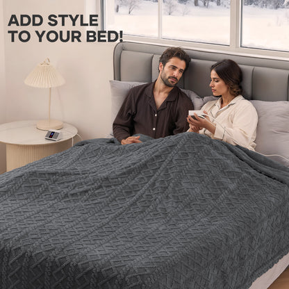 MaxKare Queen Size Heated Blanket Soft Cable Knit Shu Velveteen Electric Blanket, Dual Controllers, 10 Heat Levels, 10H Timer, 84" x 90", Gray