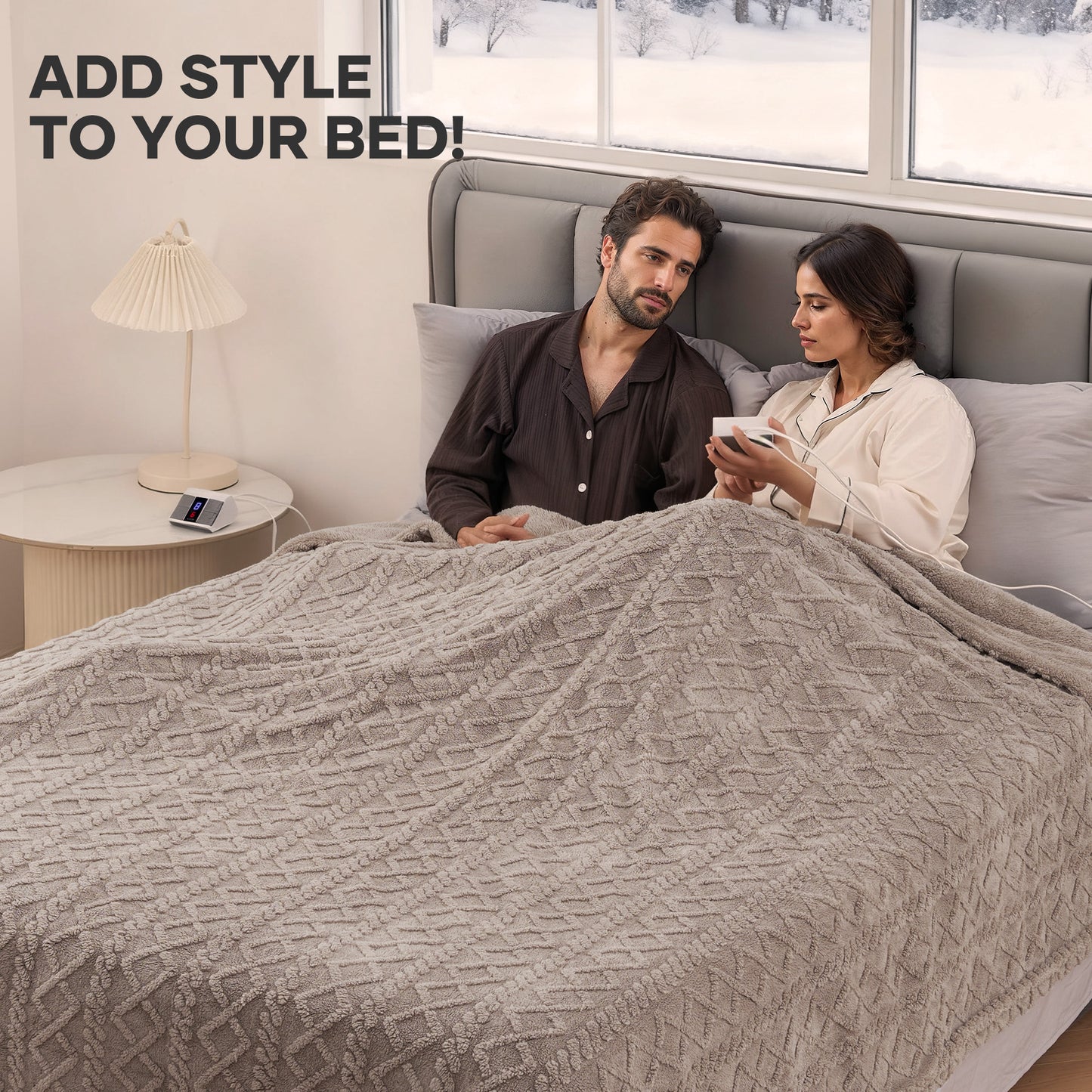 MaxKare Queen Size Heated Blanket Soft Cable Knit Shu Velveteen Electric Blanket, Dual Controllers, 10 Heat Levels, 10H Timer, 84" x 90", Linen