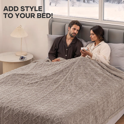 MaxKare Queen Size Heated Blanket Soft Cable Knit Shu Velveteen Electric Blanket, Dual Controllers, 10 Heat Levels, 10H Timer, 84" x 90", Linen