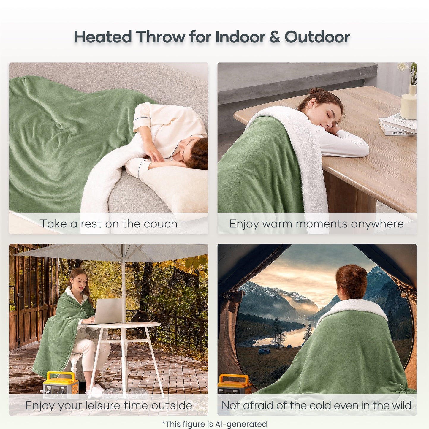 MaxKare 50" x 60" Electric Throw Blanket with 6 Heating Levels & 1-5H Auto-off, Machine Washable Flannel & Sherpa, Green & White