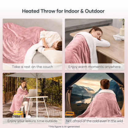 MaxKare 50" x 60" Electric Throw Blanket with 6 Heating Levels & 1-5H Auto-off, Machine Washable Flannel & Sherpa, Pink & White
