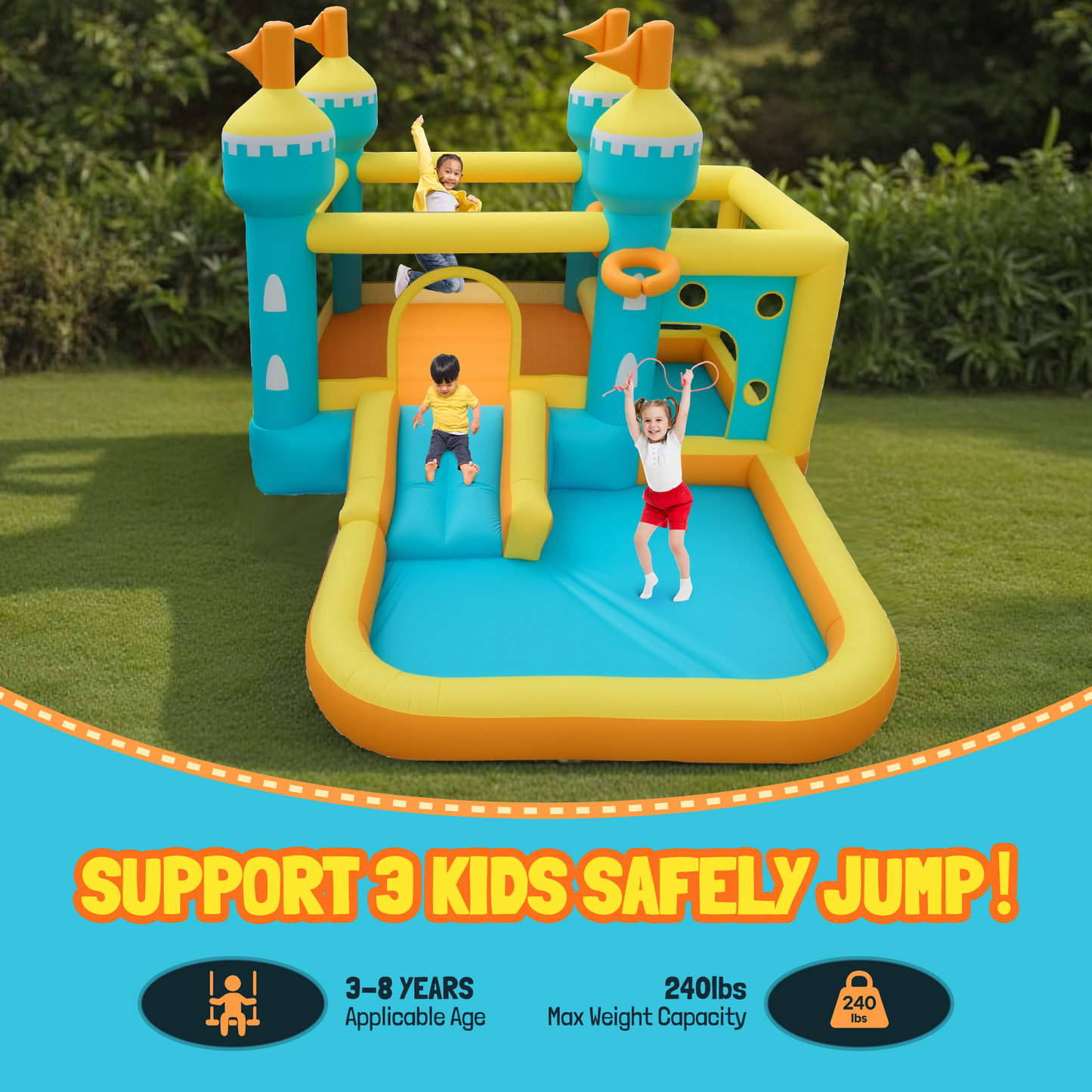 MaxKare Inflatable Bounce House, Castle-Themed Inflatable Bounce House - 5-in-1 Play Zones, 240lbs Capacity, FCC & CPC Certified, Blue/Yellow