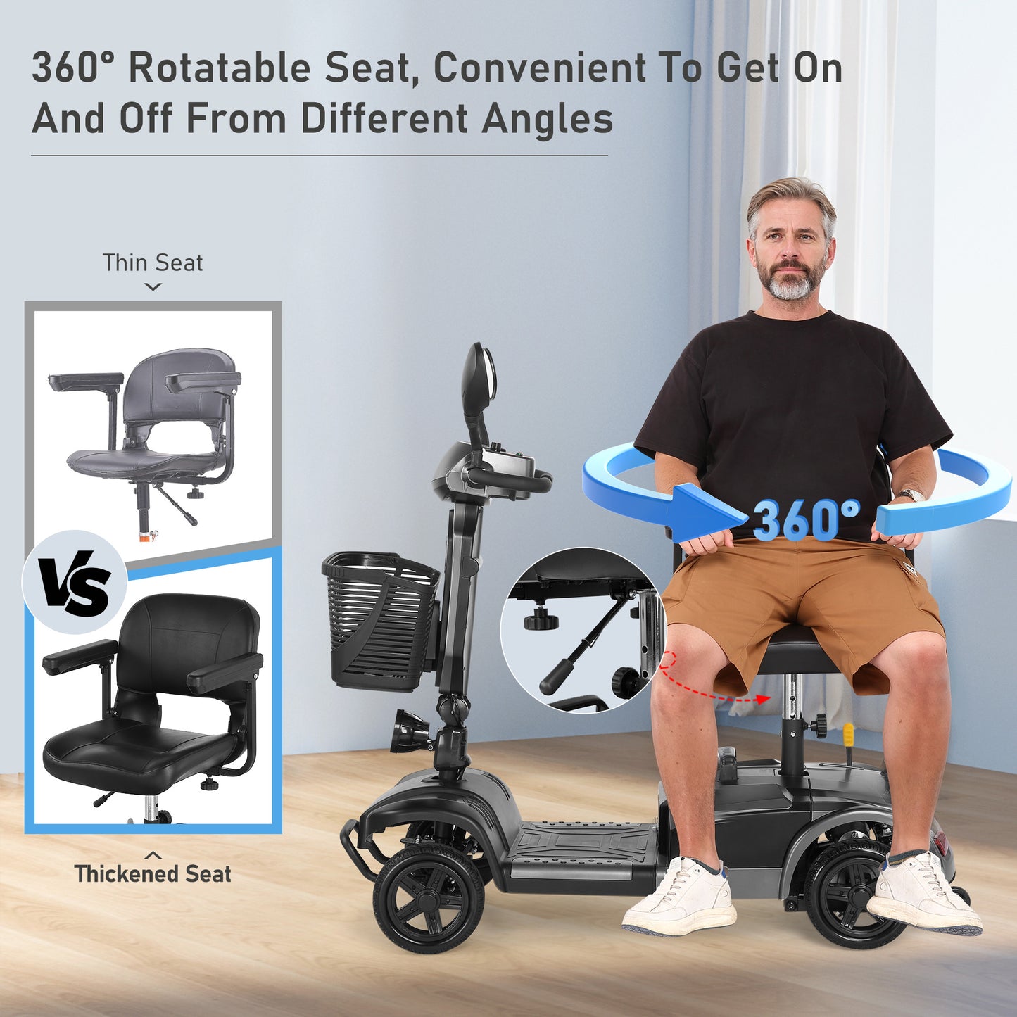 MaxKare 4-Wheel Mobility Scooter for Seniors, Thickened Seat, Foldable Powered Mobile Wheelchair with Light & Basket for Travel, 330lbs, Gray