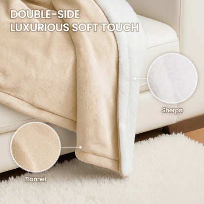 MaxKare 50" x 60" Electric Throw Blanket with 6 Heating Levels & 1-5H Auto-off, Machine Washable Flannel & Sherpa, Beige & White