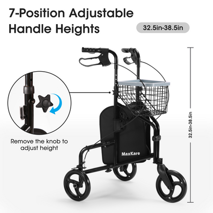 MaxKare 3-Wheel Walker for Seniors Foldable Rollator Walker with Basket & Tray, 300Lbs Weight Capacity, Height Adjustable, Black