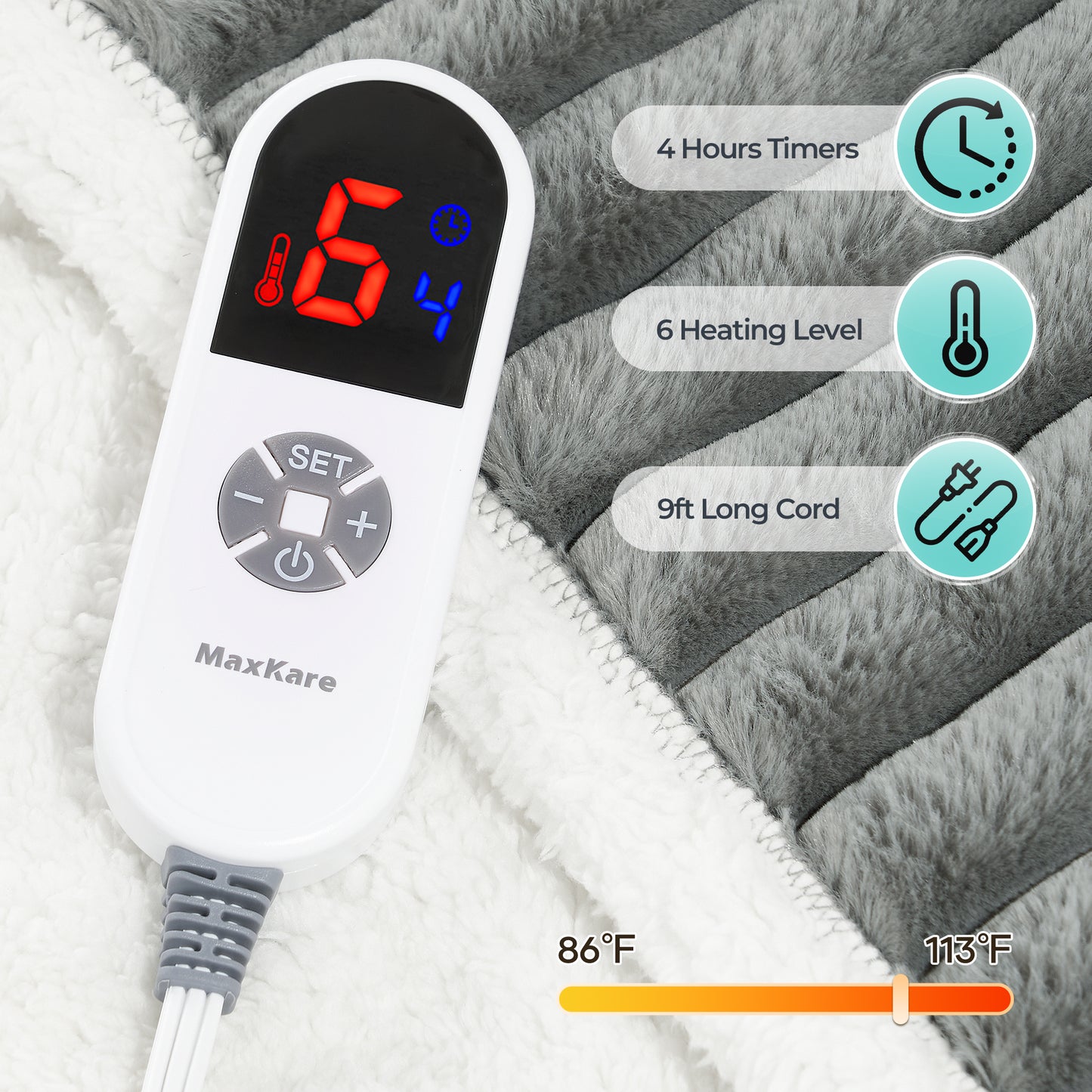 Maxkare 50" x 60" Electric Throw Blanket, Soft Faux Fur & Shu Velvet Heated Blanket, 6 Heating Levels, 4 Hours Timer, Large LED Display, Gray & White