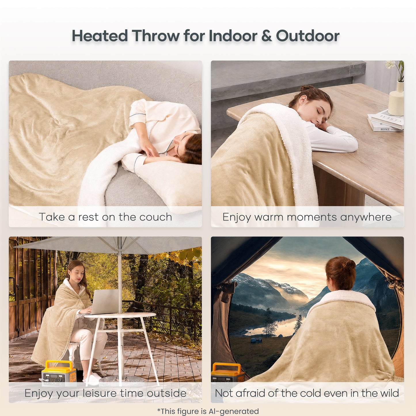 MaxKare 50" x 60" Electric Throw Blanket with 6 Heating Levels & 1-5H Auto-off, Machine Washable Flannel & Sherpa, Beige & White