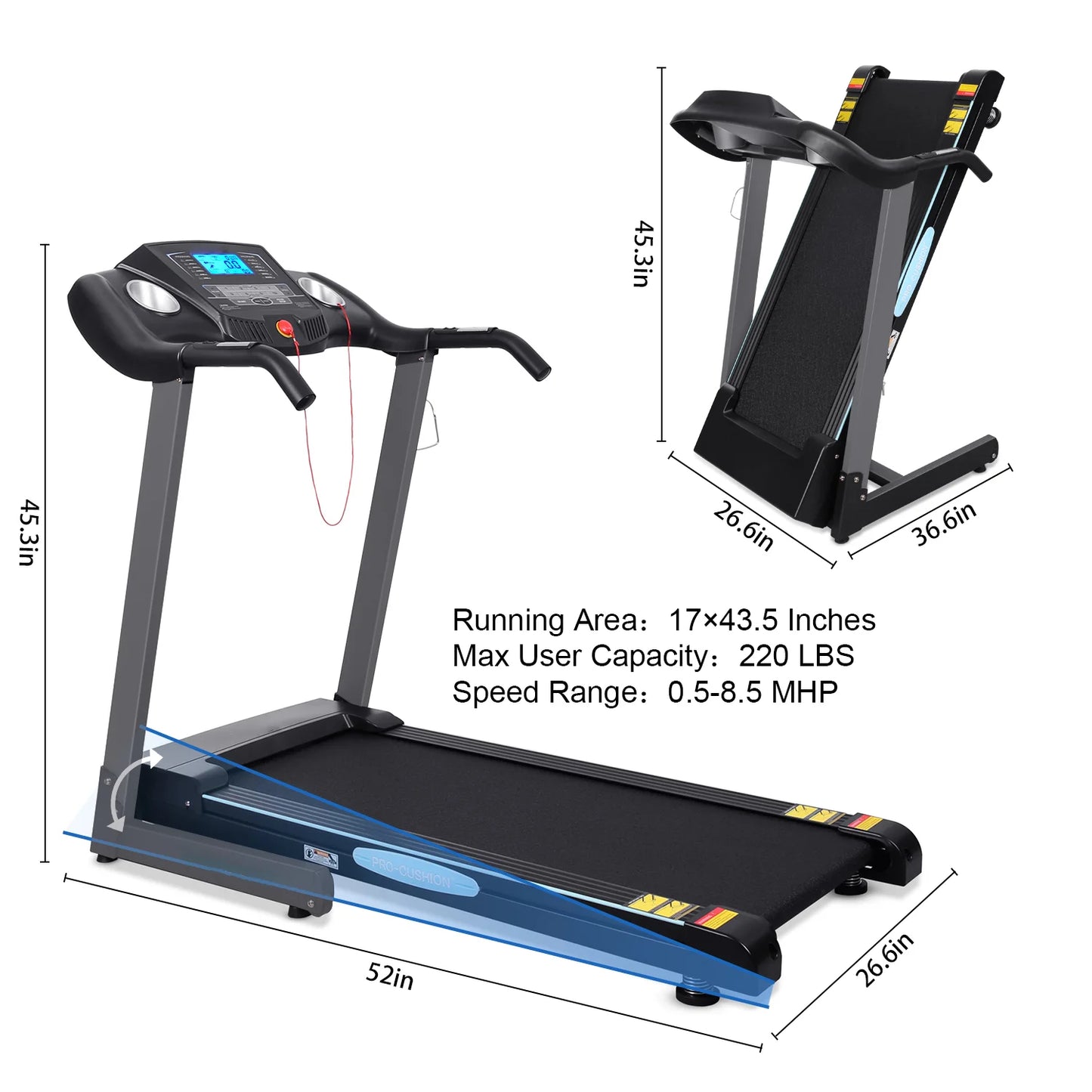 MaxKare 12 Levels Auto Incline Treadmill, 2.5 HP & 8.5 mph Folding Treadmill, Speed 15 Preset Program Treadmill for Home Gym, 220lbs