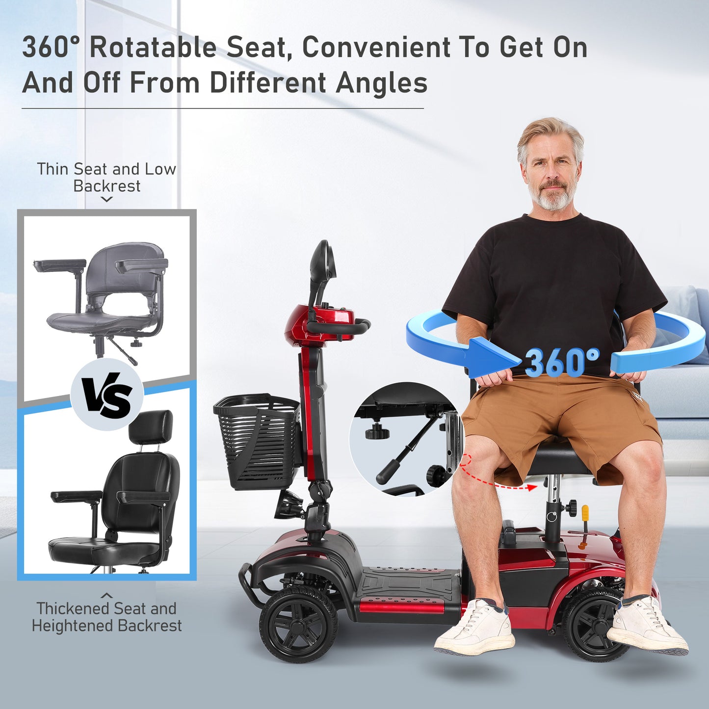 MaxKare 4-Wheel Mobility Scooter for Seniors, Heightened Thickened Seat with Pillow, Foldable Powered Mobile Wheelchair with Light & Basket for Travel, 330lbs, Red