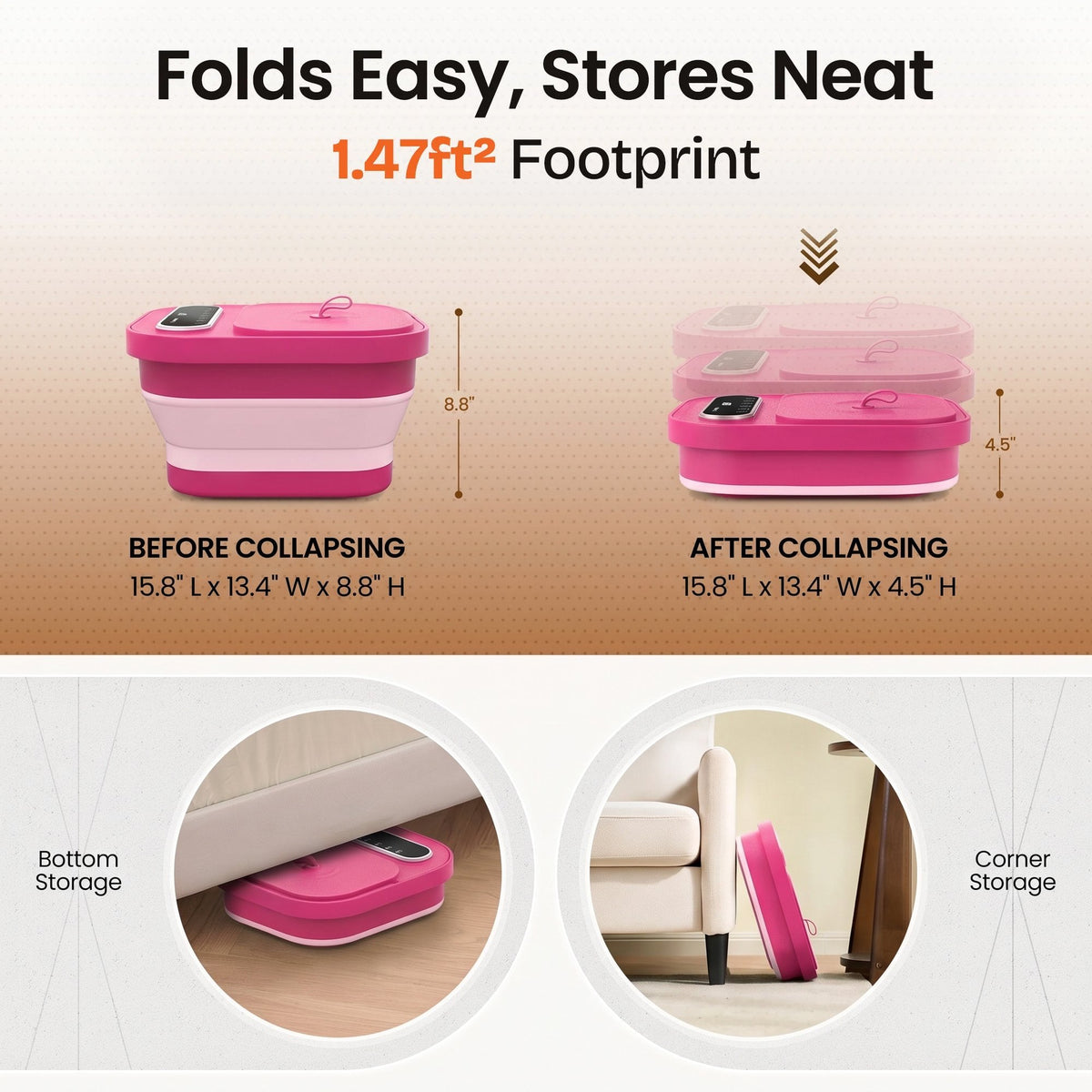 MaxKare Collapsible Foot Spa with Massager and Heat Bubbles Vibration 3 in 1, Foot Spa Massager, Pink