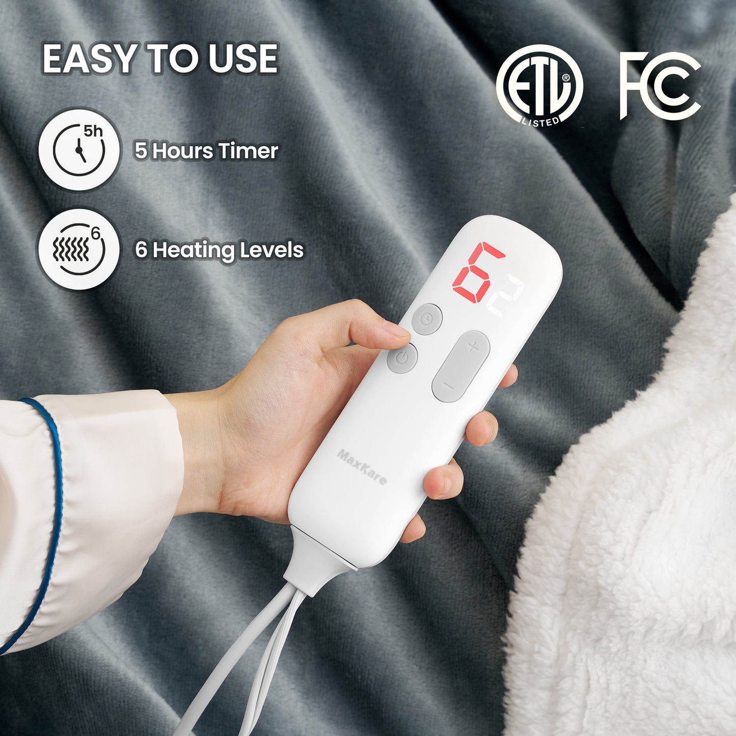 MaxKare 50" x 60" Electric Throw Blanket with 6 Heating Levels & 1-5H Auto-off, Machine Washable Flannel & Sherpa, Gray & White