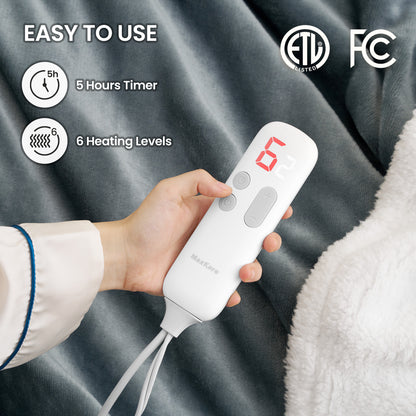 MaxKare 50" x 60" Electric Throw Blanket with 6 Heating Levels & 1-5H Auto-off, Machine Washable Flannel & Sherpa, Gray & White