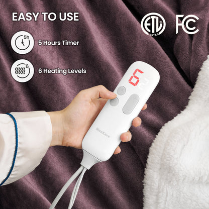 MaxKare 50" x 60" Electric Throw Blanket with 6 Heating Levels & 1-5H Auto-off, Machine Washable Flannel & Sherpa, Purple & White