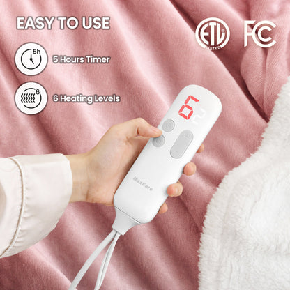 MaxKare 50" x 60" Electric Throw Blanket with 6 Heating Levels & 1-5H Auto-off, Machine Washable Flannel & Sherpa, Pink & White