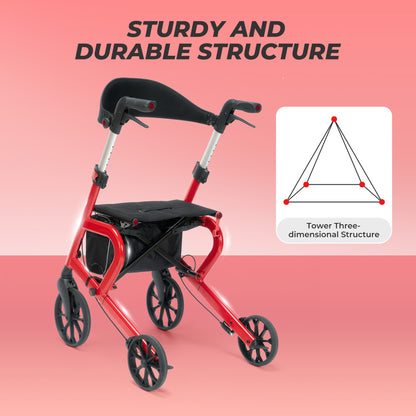 MaxKare Rollator Walker with Seat, Foldable 4 Wheel Rolling Medical Walker, Red