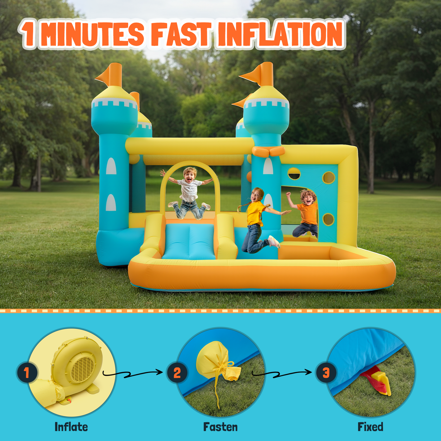 MaxKare Inflatable Bounce House, Castle-Themed Inflatable Bounce House - 5-in-1 Play Zones, 240lbs Capacity, FCC & CPC Certified, Blue/Yellow
