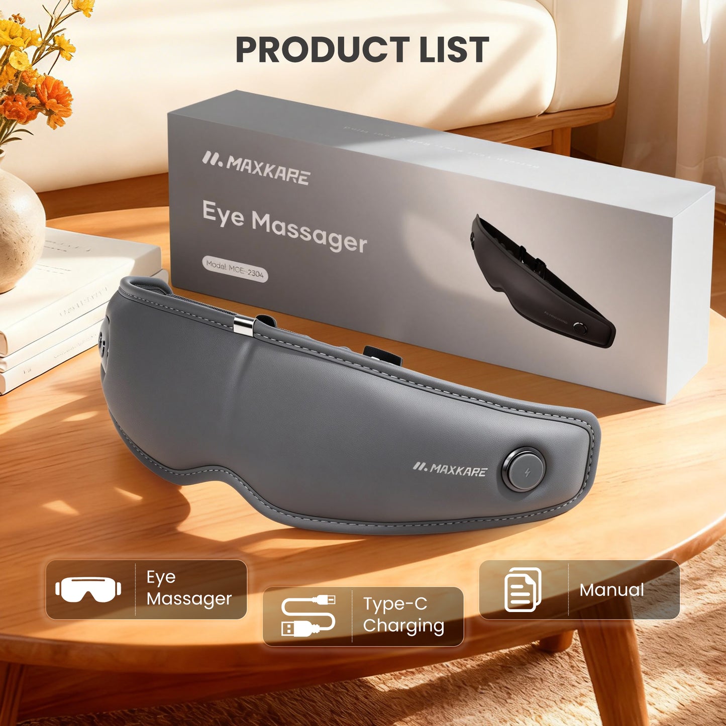 MaxKare Eye Massager with Heat, Vibration, Air Pressure for Relieve Eye Strain Dry Eye Headaches Foldable Rechargeable Shiatsu Massager