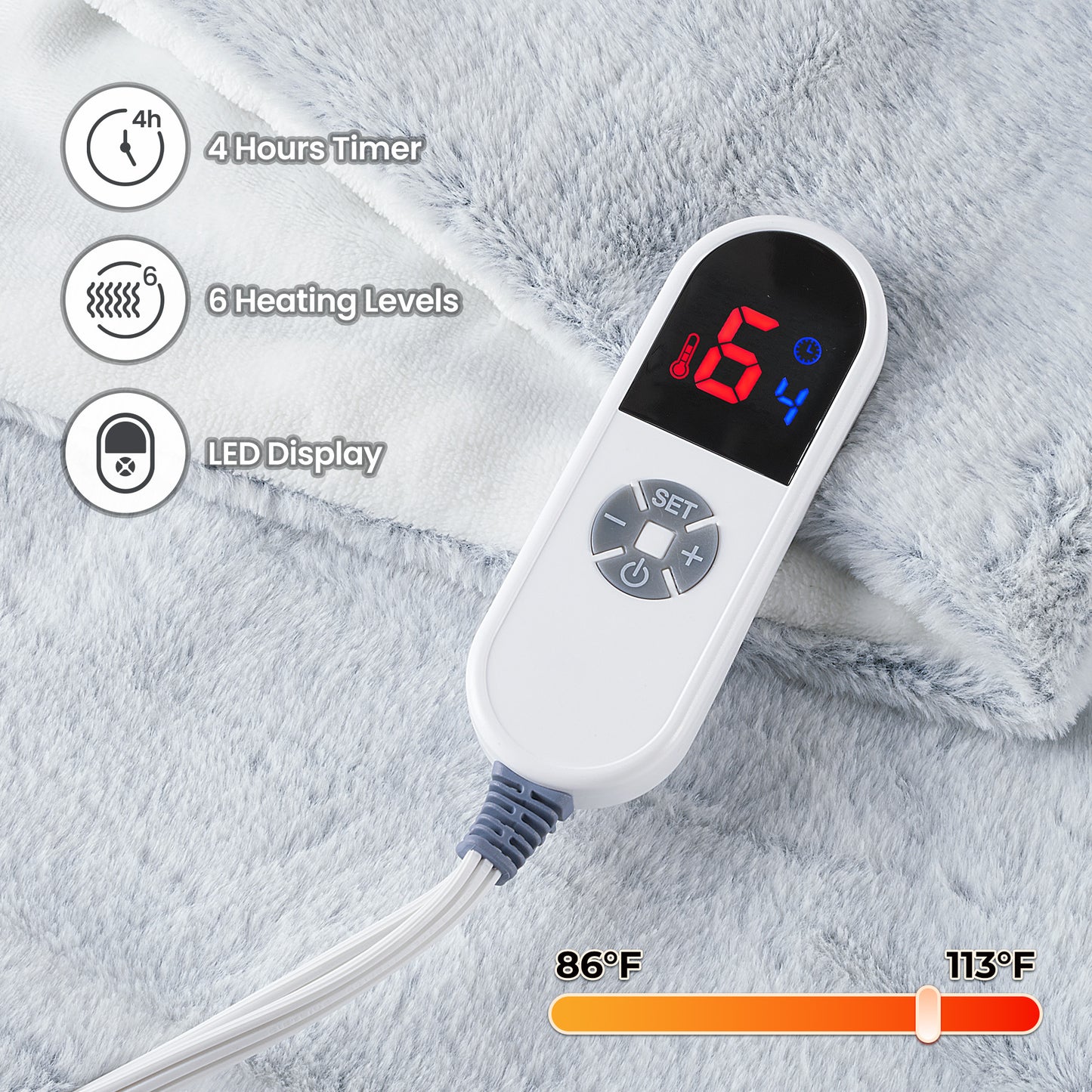 MaxKare Heated Blanket, Electric Throw Blanket with 6 Heating Levels & 4 Hours Timer, Soft Faux Fur & Flannel, 50" x 60" Gray & White