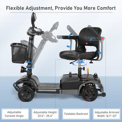 MaxKare 4-Wheel Mobility Scooter with Basket, Wider and Thicker Seat for Seniors, Electric Folding Wheelchair Device for Travel, Gray