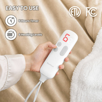 MaxKare 50" x 60" Electric Throw Blanket with 6 Heating Levels & 1-5H Auto-off, Machine Washable Flannel & Sherpa, Beige & White