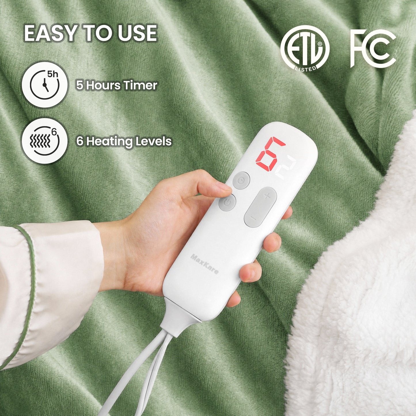 MaxKare 50" x 60" Electric Throw Blanket with 6 Heating Levels & 1-5H Auto-off, Machine Washable Flannel & Sherpa, Green & White
