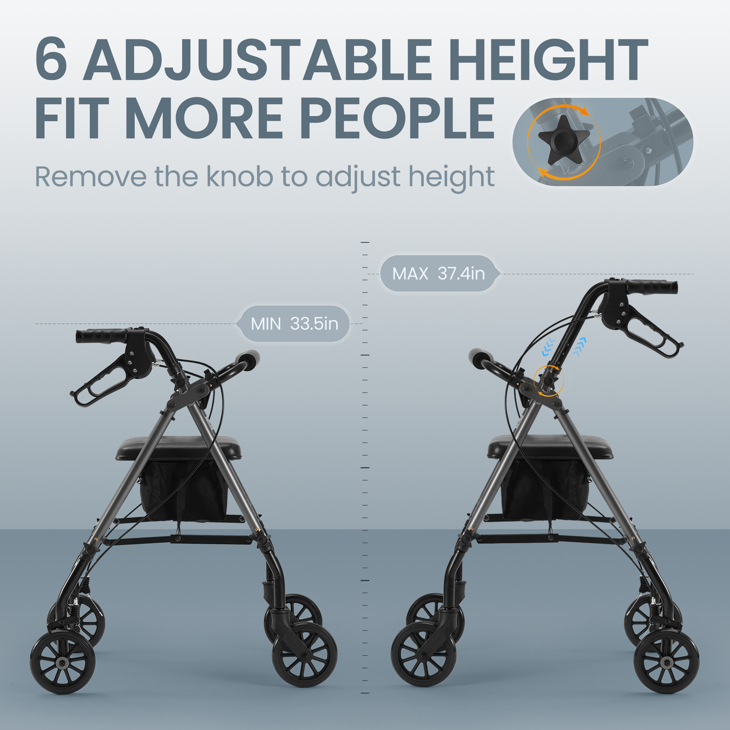 MaxKare Folding Rollator Walker with Seat 6" Wheels for Seniors, Adjustable Height, Removable Seat, Lightweight Aluminum, Supports up to 300Lbs, Gray
