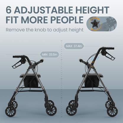 MaxKare Folding Rollator Walker with Seat 6" Wheels for Seniors, Adjustable Height, Removable Seat, Lightweight Aluminum, Supports up to 300Lbs, Gray