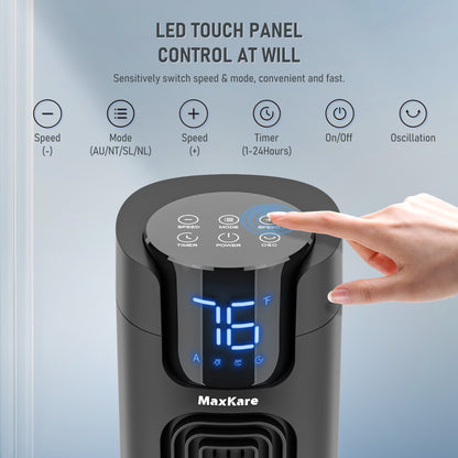 MaxKare Tower Fan, 36" Ultra Quiet 50dB Standing Floor Fan, 24H Timers, 75° Oscillation, Remote & No-Light Sleep Screen, Black