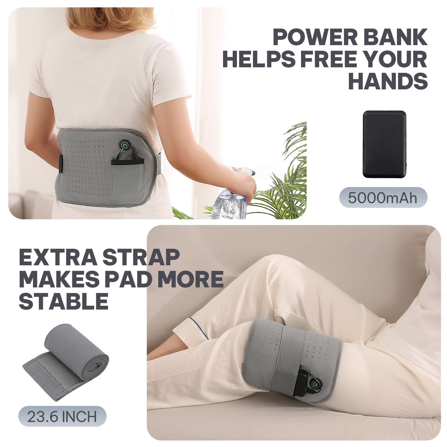 MaxKare Portable Heating Pad with Power Bank & Gel Pack, Adjustable Strap, for Hot and Cold Use 8"×15"-Gray