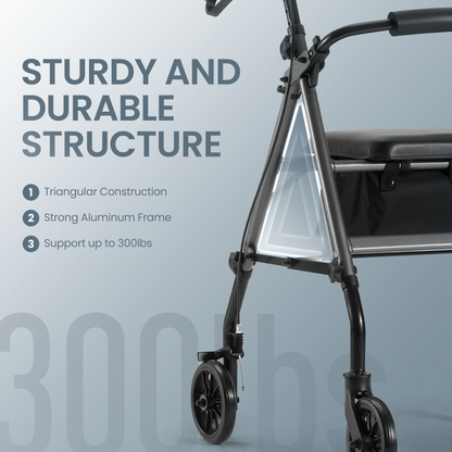 MaxKare Folding Rollator Walker with Seat 6" Wheels for Seniors, Adjustable Height, Removable Seat, Lightweight Aluminum, Supports up to 300Lbs, Gray