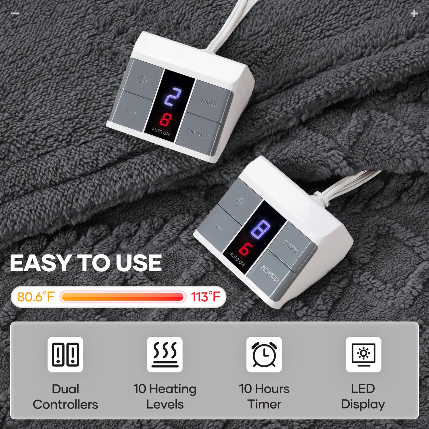 MaxKare Queen Size Heated Blanket Soft Cable Knit Shu Velveteen Electric Blanket, Dual Controllers, 10 Heat Levels, 10H Timer, 84" x 90", Gray