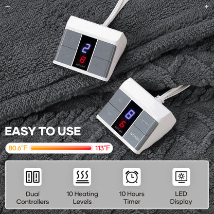MaxKare Queen Size Heated Blanket Soft Cable Knit Shu Velveteen Electric Blanket, Dual Controllers, 10 Heat Levels, 10H Timer, 84" x 90", Gray