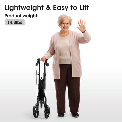 MaxKare 3-Wheel Walker for Seniors Foldable Rollator Walker with Basket & Tray, 300Lbs Weight Capacity, Height Adjustable, Black