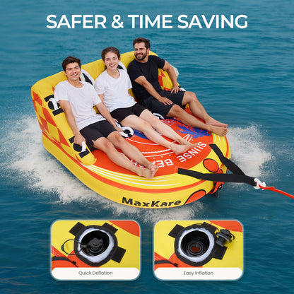 MaxKare Inflatable Towable Tube for Boating, 1- 3 Riders, EVA Foam Pads and Large Backrest, Heavy Duty 600 Lbs, Yellow