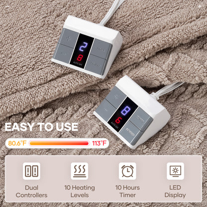 MaxKare Queen Size Heated Blanket Soft Cable Knit Shu Velveteen Electric Blanket, Dual Controllers, 10 Heat Levels, 10H Timer, 84" x 90", Linen