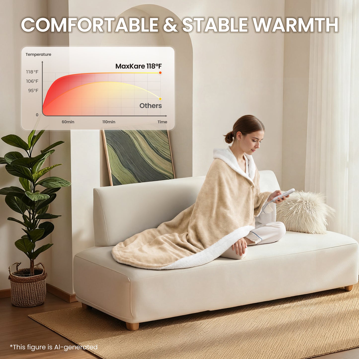 MaxKare 50" x 60" Electric Throw Blanket with 6 Heating Levels & 1-5H Auto-off, Machine Washable Flannel & Sherpa, Beige & White