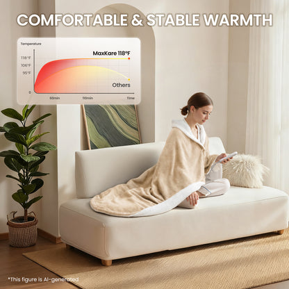 MaxKare 50" x 60" Electric Throw Blanket with 6 Heating Levels & 1-5H Auto-off, Machine Washable Flannel & Sherpa, Beige & White