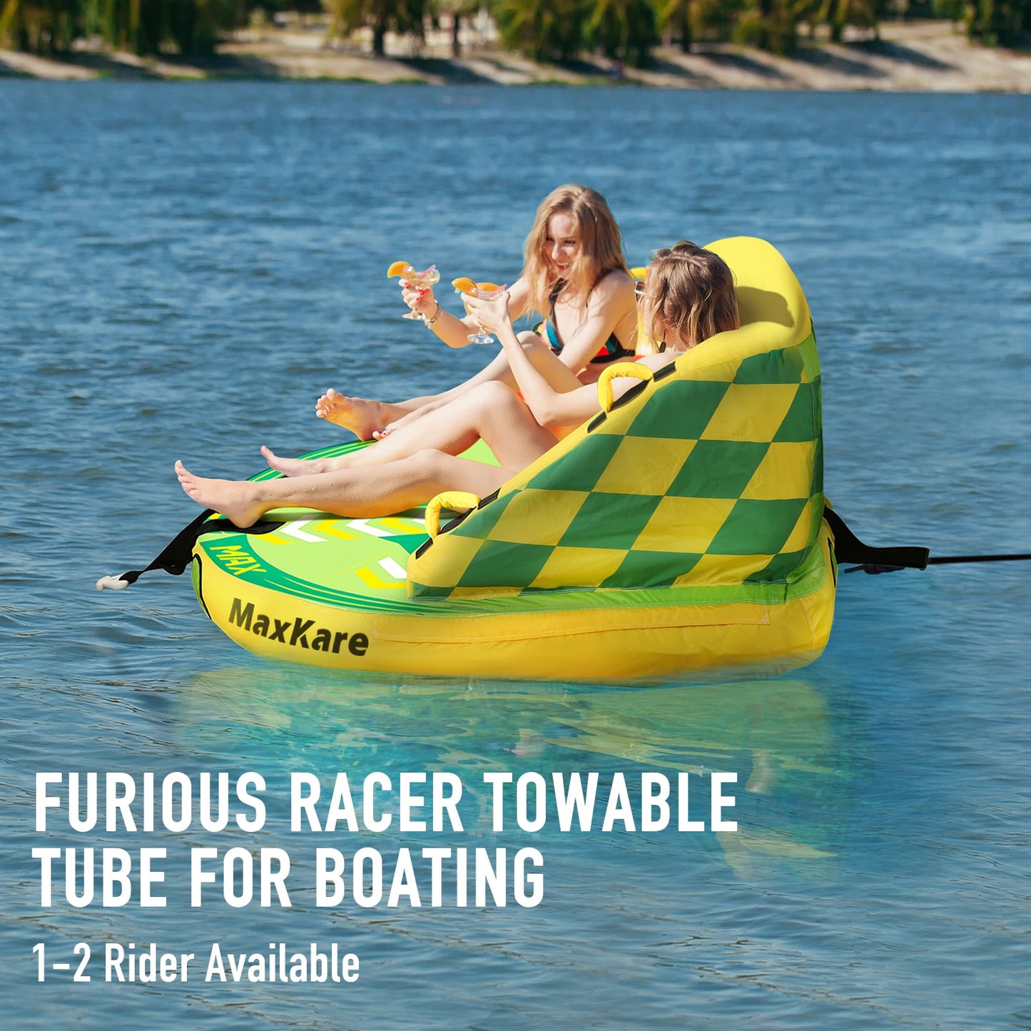 Maxkare 2 Person Inflatable Towable Tube for Boating, Front & Back Tow Points with Foam Seats, Multiple Handles
