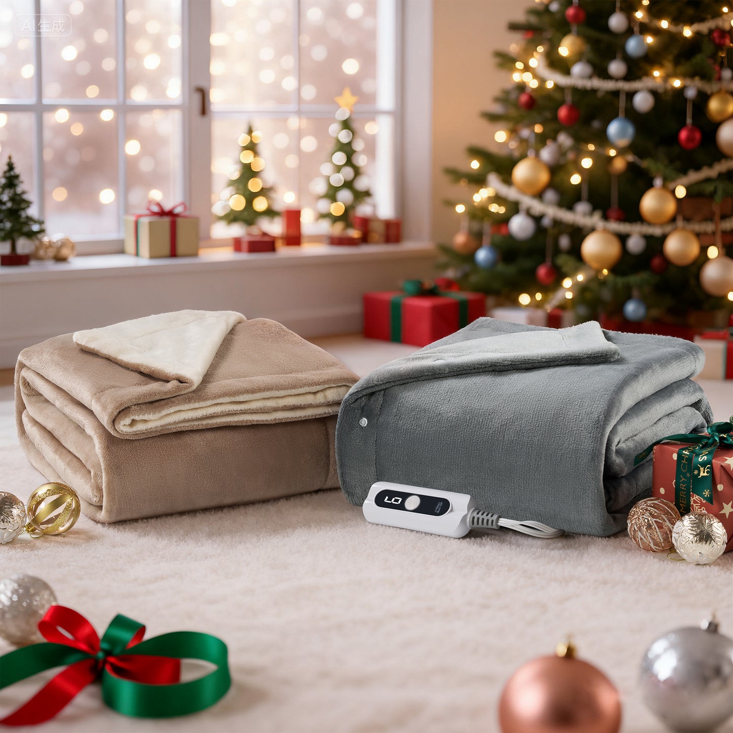 MaxKare Heated Throw Blanket 50" x72", 6 Heat Levels, 4H Auto-off, 3 Button Adjust Fix, Dual Soft Flannel, OEKO TEX Certified, Beige & Linen