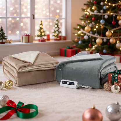 MaxKare Heated Throw Blanket 50" x72", 6 Heat Levels, 4H Auto-off, 3 Button Adjust Fix, Dual Soft Flannel, OEKO TEX Certified, Beige & Linen