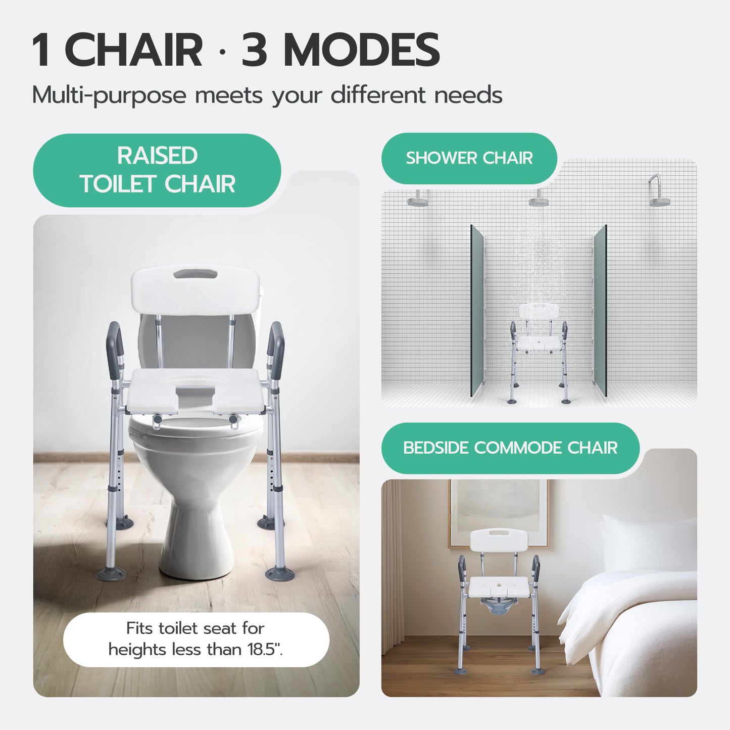 MaxKare Multi-functional Shower Chair with Commode Bucket, Bedside Commode Chair, Raised Toilet Seat, Adjustable Height, Max Weight 300Lbs